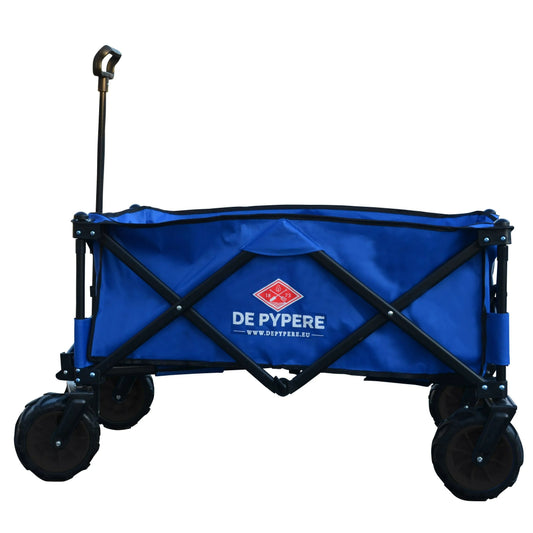 Chariot pliable robuste avec structure noire et toile bleue marquée "De Pypere", équipé de grandes roues pour une utilisation facile sur tout type de terrain. Parfait pour transporter des outils ou des matériaux de jardinage.