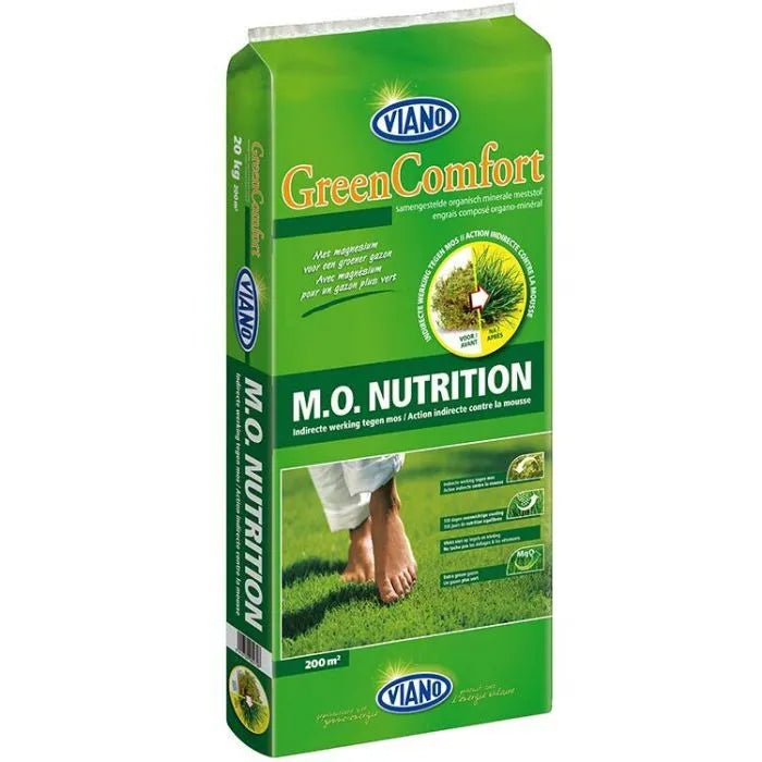 Sac d'engrais organo-minéral Viano Green Comfort M.O. NUTRITION pour gazon, destiné à renforcer la couleur verte et lutter indirectement contre la mousse. L'emballage vert présente un logo circulaire avec un gazon vert vif et l'indication de couverture pour 200 m². Une image en bas montre une personne marchant pieds nus sur une pelouse verte et dense, illustrant un gazon sain et confortable.